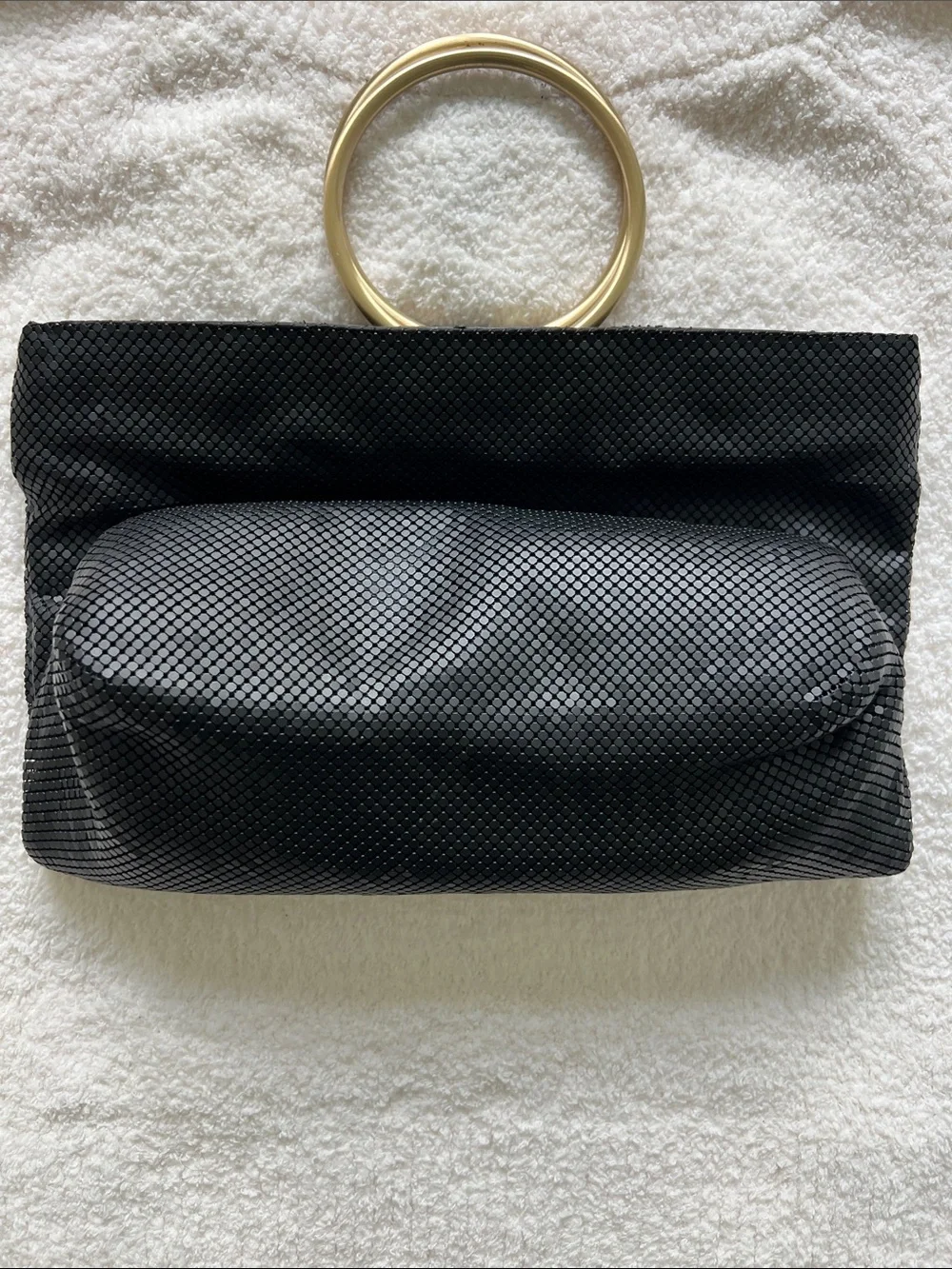 Whiting & Davis Black Textured Clutch with Gold Double Hoop Handle